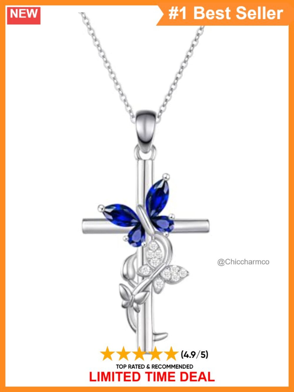 925 Silver Butterfly Cross Necklace 18K Plated Birthstone Pendant